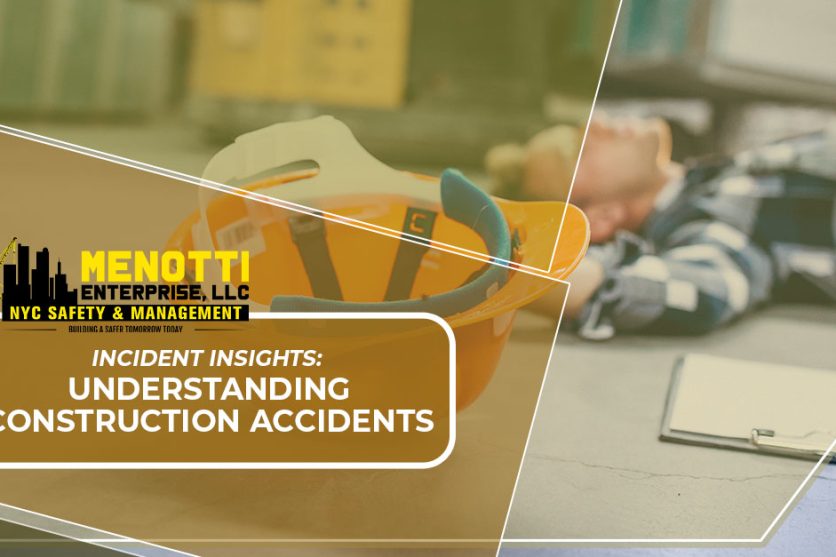 Construction worker on the ground after an incident, with Menotti Enterprise logo and text 'Incident Insights: Understanding Construction Accidents